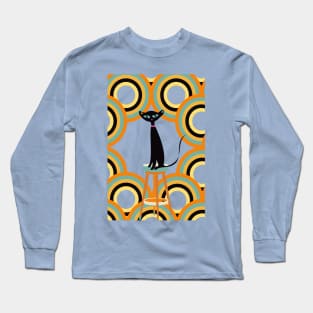 Black Cat Surrounded by Retro Shapes Long Sleeve T-Shirt